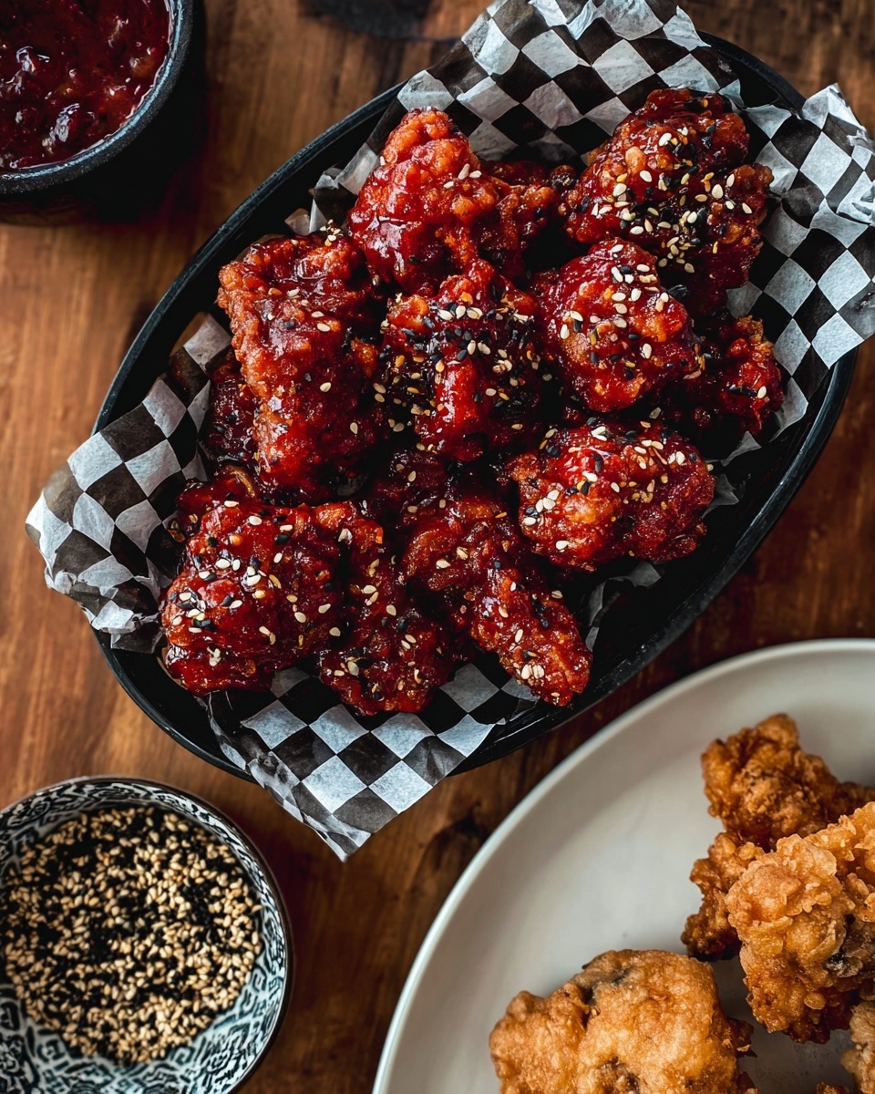 A black basket lined with black-and-white checkered paper holds about ten pieces of fried chicken, each coated in a shiny red spicy sauce and sprinkled with white and black sesame seeds. To the right on a white plate, there are three plain fried chicken pieces with a golden crispy texture. Below, a small patterned bowl contains a mix of black and white sesame seeds. A dark bowl with more red sauce is partially visible at the top left. All items rest on a wooden table surface. photo taken with an iphone --ar 4:5 --v 7