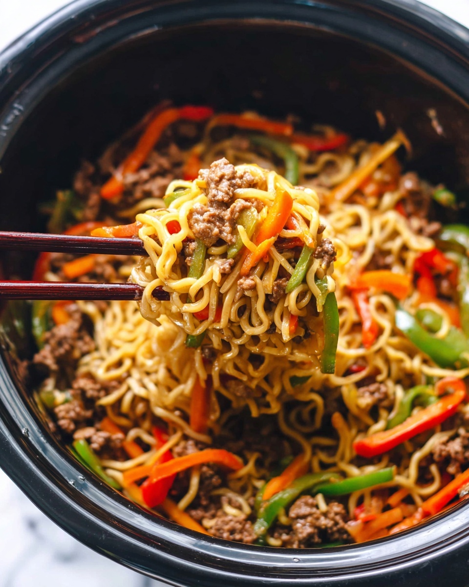 The image shows a close-up of cooked noodles mixed with pieces of cooked ground meat, sliced green and red bell peppers, and thin orange carrot strips inside a black pot. The noodles are light yellow, soft, and coated with a shiny brown sauce. The bell peppers add bright green and red colors, while the carrots add thin streaks of orange throughout. Two dark brown chopsticks hold a clump of the saucy noodles and vegetables above the pot. The background is a white marbled texture. photo taken with an iphone --ar 4:5 --v 7
