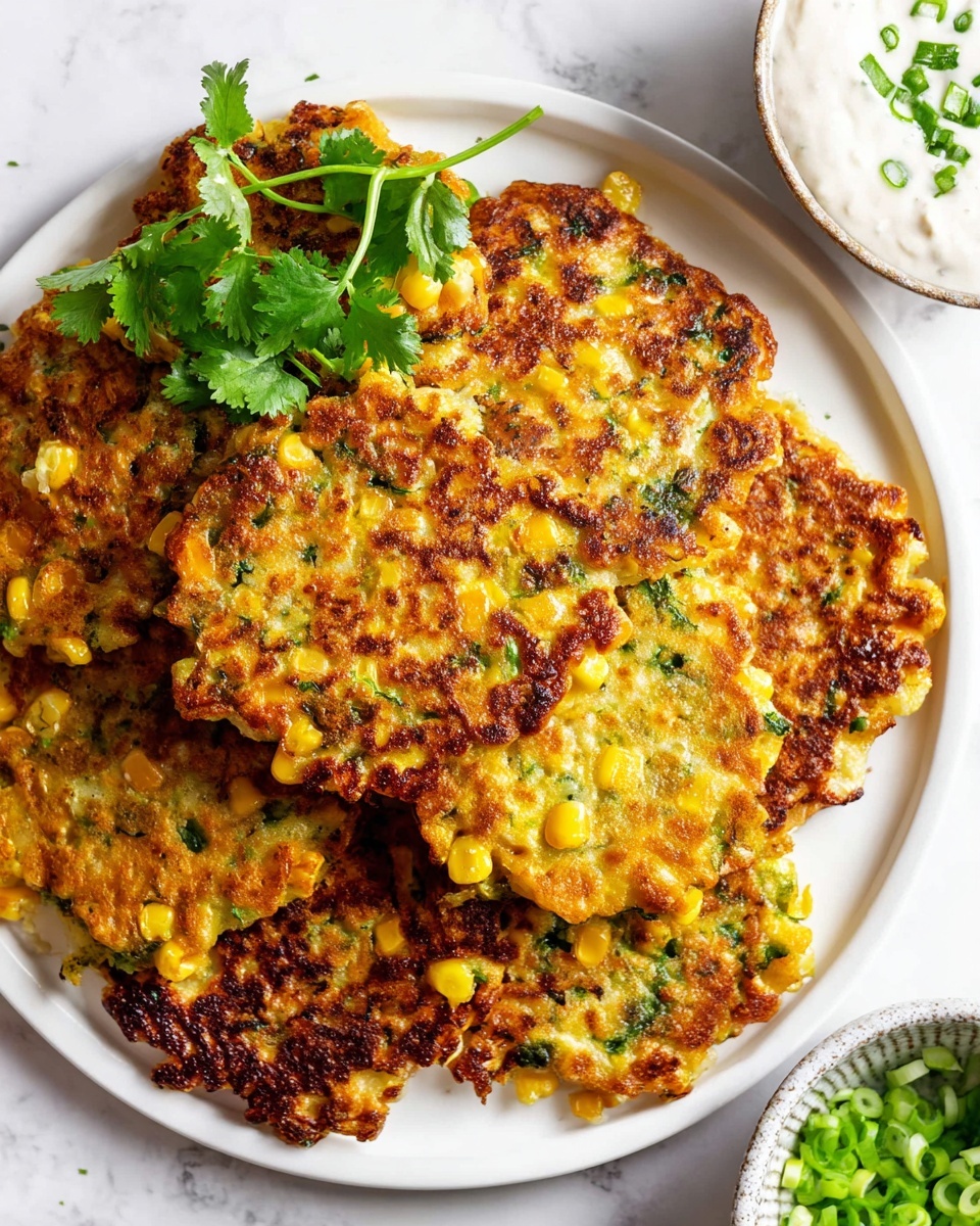 A white plate sits on a white marbled surface, holding a stack of golden corn fritters with crispy edges. Each fritter is thick and uneven, showing bright yellow corn kernels and green herbs mixed into the fried batter. The fritters have a slightly charred look on some spots, giving them a crunchy texture. A small bunch of fresh green cilantro leaves rests on top of the fritters, adding a pop of color. In the upper right corner, there is a small white bowl with creamy white sauce sprinkled lightly with green herbs. In the lower right corner, part of another bowl filled with chopped green onions is visible. Photo taken with an iphone --ar 4:5 --v 7