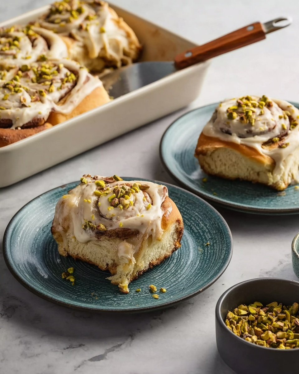 The image shows two cinnamon rolls on white plates with a blue-green texture, each roll having one layer of golden-brown dough topped with swirled light beige frosting sprinkled with chopped green pistachios. Behind the plates, a white baking pan holds three more cinnamon rolls covered in the same frosting and pistachios, with one partially removed using a metal spatula with a brown handle. The background is a white marbled surface with a small dark grey bowl filled with chopped pistachios on the side. Photo taken with an iphone --ar 4:5 --v 7