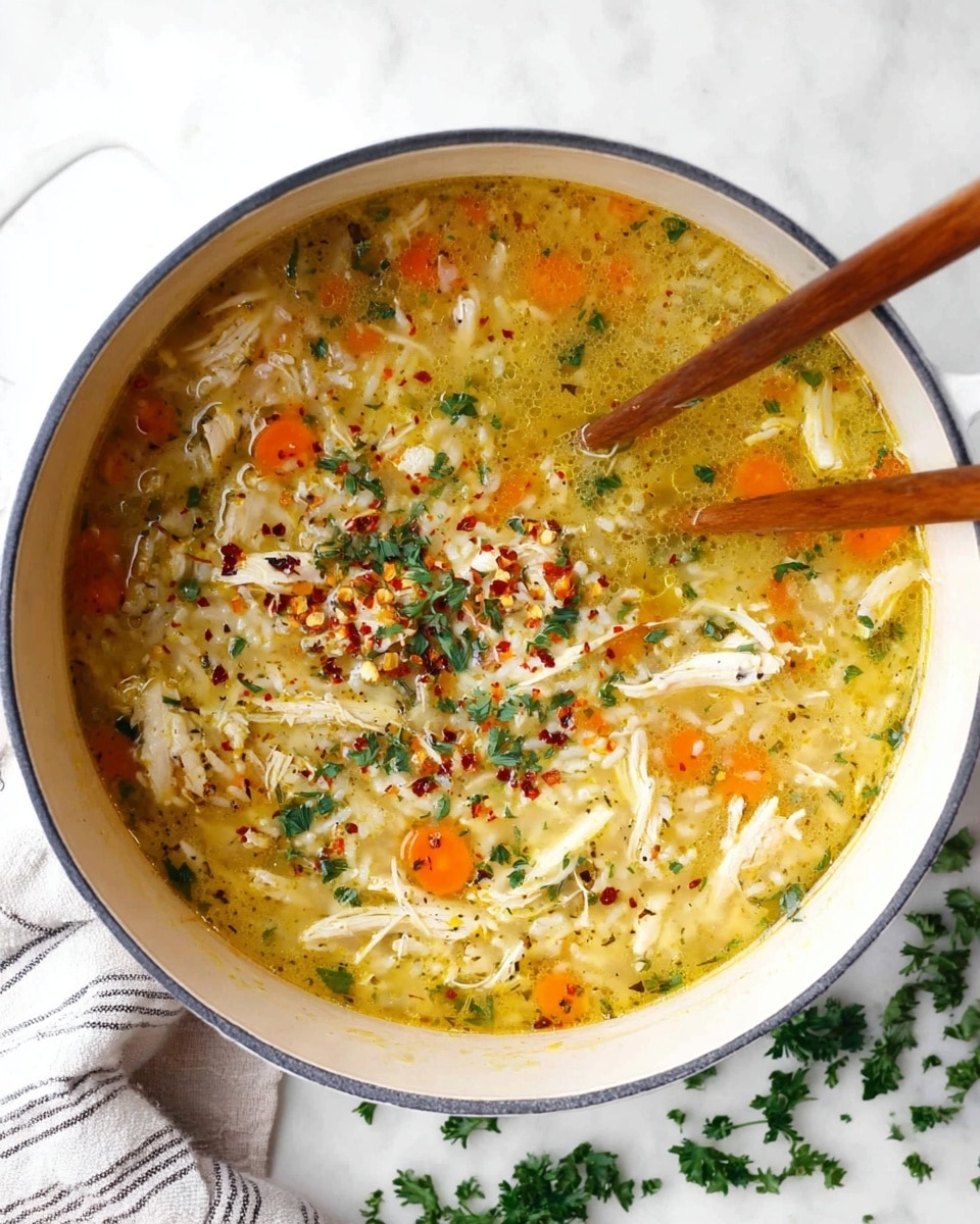 A white pot filled with a thick soup that has a yellowish broth with visible white shredded chicken pieces and small round orange carrot slices. There are also some bits of white rice mixed throughout and green herbs sprinkled on top, adding texture and color. The soup is garnished with chopped green parsley and red chili flakes scattered evenly across the surface. Two wooden chopsticks rest inside the pot. The pot sits on a white marbled surface with some chopped parsley around it and a striped cloth nearby. Photo taken with an iphone --ar 4:5 --v 7