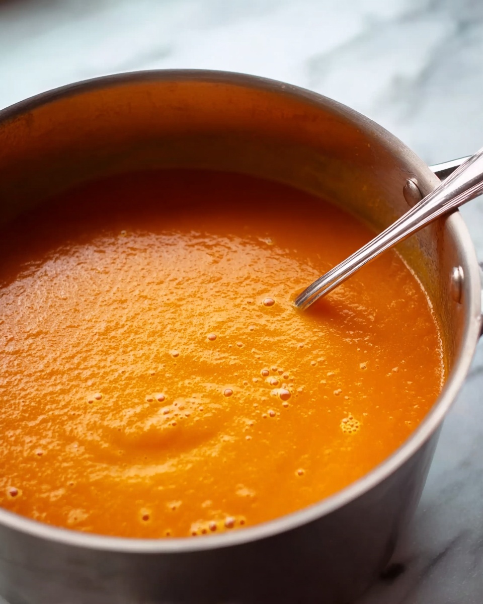 A close-up view of a silver pot filled with smooth orange soup or sauce, with visible small bubbles and a soft texture on the surface. A silver spoon rests inside the pot on the right side, partially submerged in the soup, while the pot sits on a white marbled surface. The pot shows slight reflections and has a matte finish around the outside. The background is softly out of focus, keeping attention on the bright orange soup photo taken with an iphone --ar 4:5 --v 7
