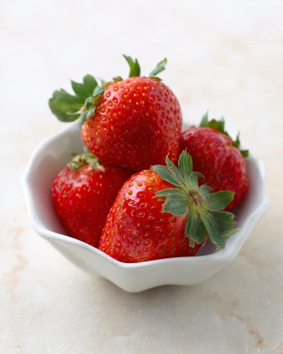 The image shows a small white bowl with scalloped edges, filled with four bright red strawberries, each with fresh green leaves on top. The strawberries have a slightly shiny, bumpy surface, typical of the fruit’s texture. The bowl sits on a white marbled surface, adding a clean background to make the red strawberries pop. The photo is softly lit, highlighting the freshness of the strawberries. Photo taken with an iphone --ar 4:5 --v 7