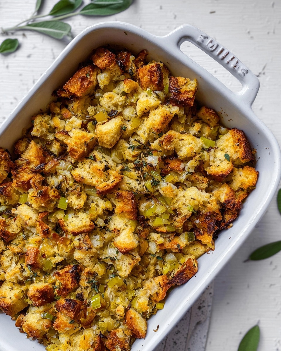 A close-up view of a baked dish inside a white ceramic square casserole with a handle on one side. The food looks like bread pieces mixed with small chunks of light green vegetables and herbs, all browned and crispy on top with a mix of golden and light brown colors. The texture is crumbly with some parts showing soft, cooked bits. The casserole is sitting on a white marbled surface with a few green leaves scattered around. Photo taken with an iphone --ar 4:5 --v 7