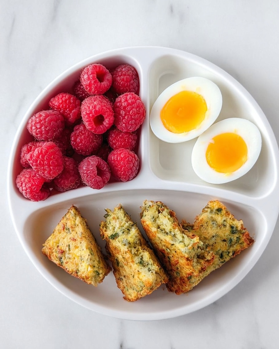 A white divided plate with three sections sits on a white marbled surface. The top left section is filled with many fresh red raspberries, showing their round and bumpy texture. The top right section holds two halves of a hard-boiled egg, showing bright yellow yolks and smooth white egg whites. The big bottom section contains four small pieces of golden-brown baked food with green bits inside, suggesting herbs or vegetables, each piece triangular and textured. The photo taken with an iphone --ar 4:5 --v 7