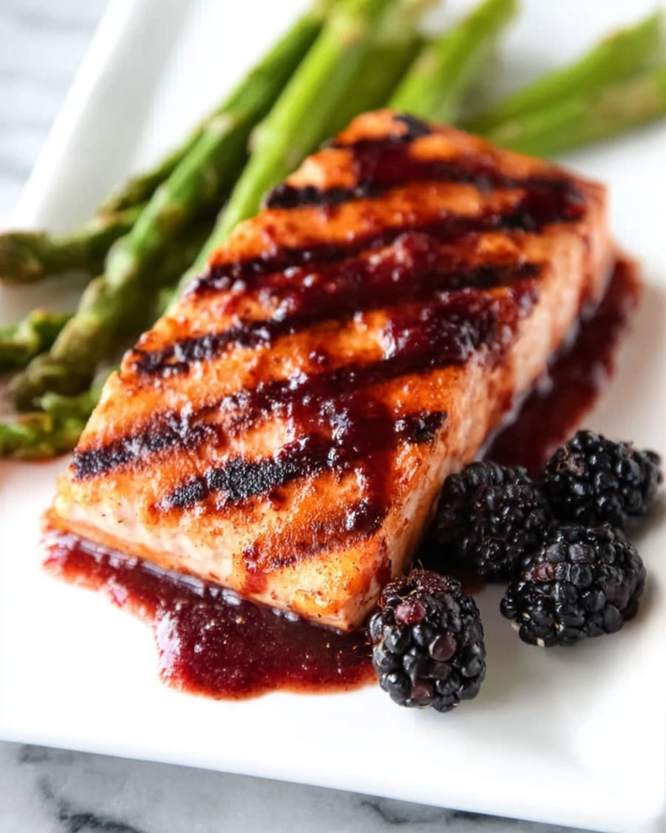 The image shows a piece of grilled salmon with dark brown grill marks on the top, covered with a shiny, dark red sauce that looks thick and slightly sticky. The salmon sits on a white rectangular plate with three bright green grilled asparagus stalks placed behind it. Two fresh blackberries are placed near the bottom right corner of the salmon, sitting on the white plate. The whole plate rests on a white marbled surface. photo taken with an iphone --ar 4:5 --v 7