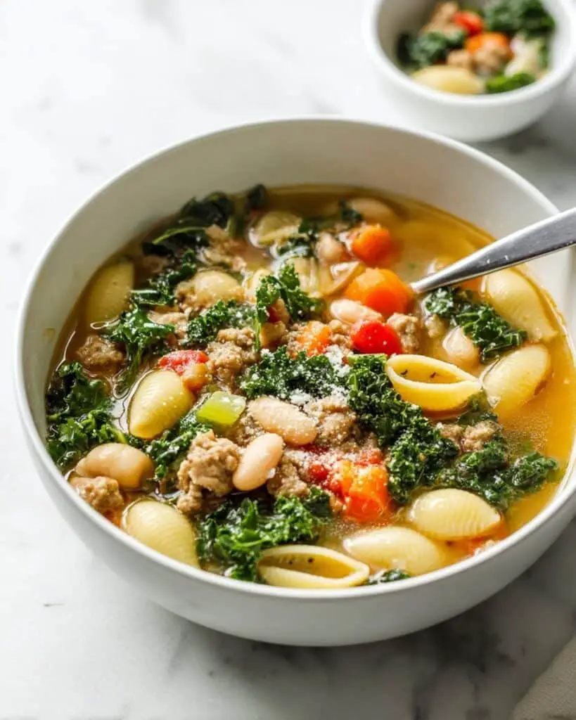 Spicy Italian Sausage Soup with White Beans, Pasta & Kale Recipe
