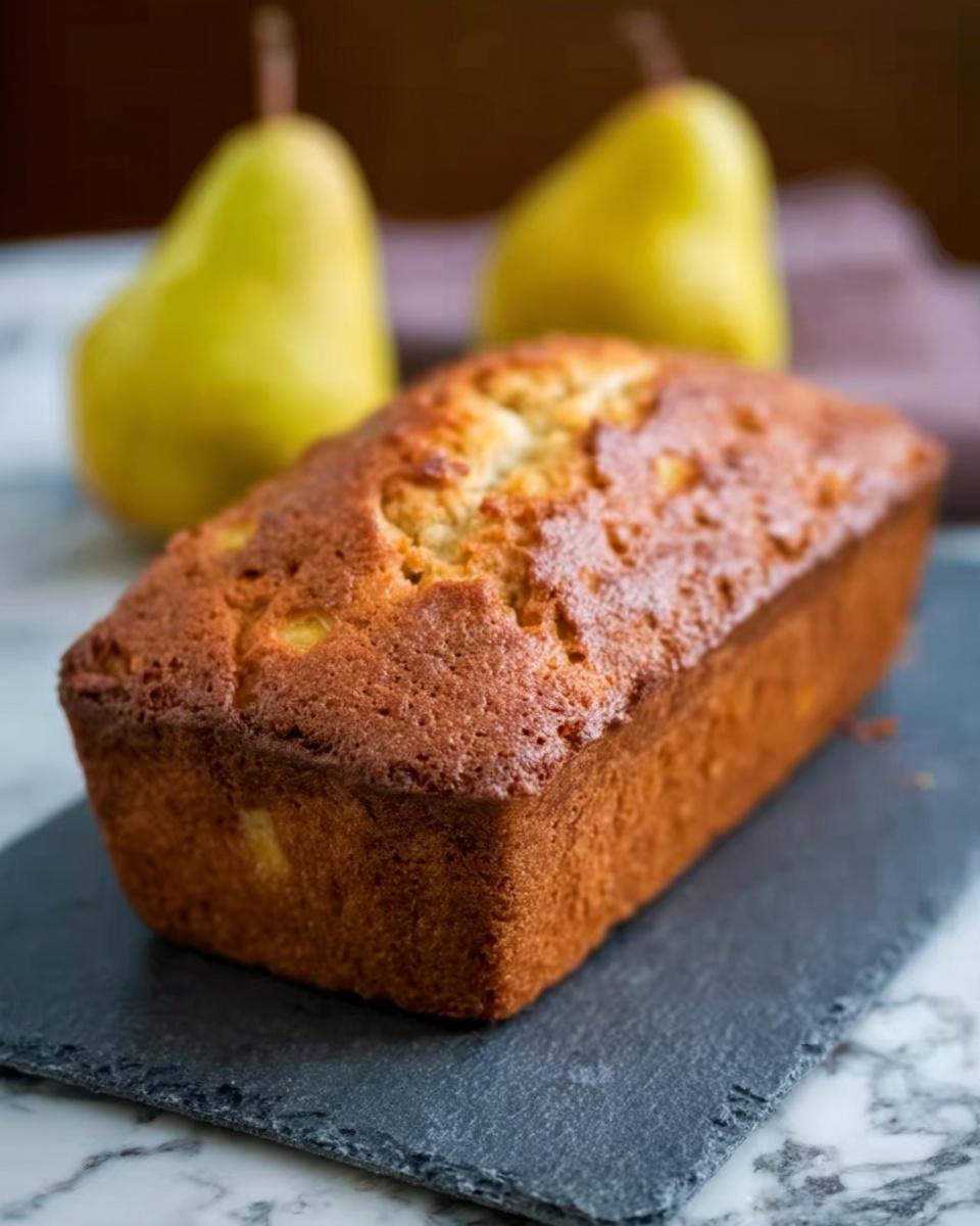 The image shows a single rectangular loaf of golden brown bread with a slightly cracked top, placed on a dark slate board. The bread has a textured surface with small visible bumps and a slightly uneven shape, indicating a homemade look. Behind the bread, there are two yellow pears, slightly out of focus, resting on a white marbled surface. The background is softly blurred, drawing attention to the bread and pears in the foreground. photo taken with an iphone --ar 4:5 --v 7