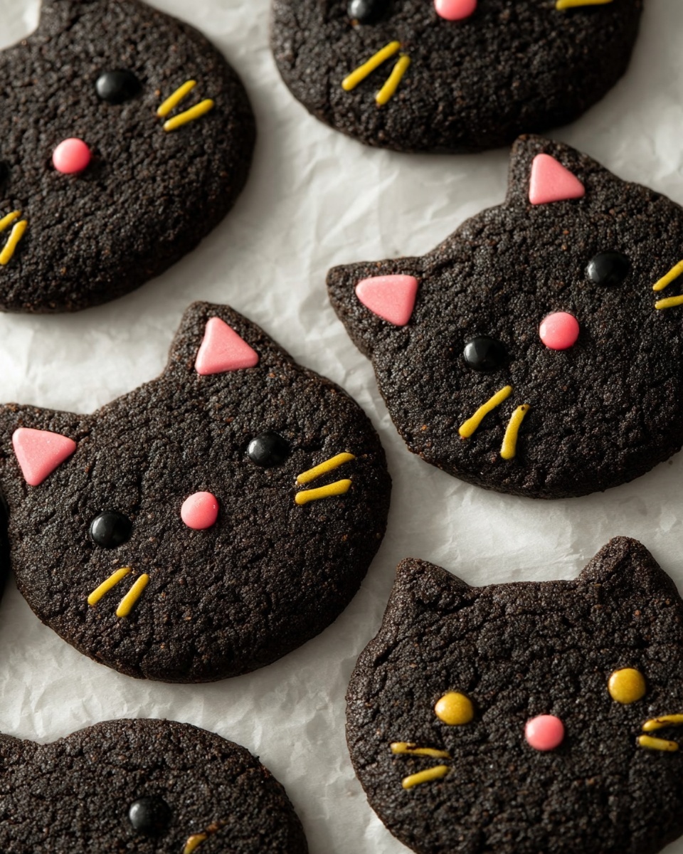 Several dark brown, almost black, round cookies with a rough texture are arranged close together on white parchment paper over a white marbled surface. Most cookies are simple round shapes, while two in the foreground are shaped like cat heads with pointed ears. One cat-shaped cookie has pink triangle shapes on the ears, black circular eyes with a yellow outline, and a small pink dot for a nose. The other cat-shaped cookie has small yellow dots for whiskers and a pink dot for the nose. Other round cookies also have a single pink dot in the center. The overall scene shows a soft light with some shadows for depth. Photo taken with an iphone --ar 4:5 --v 7