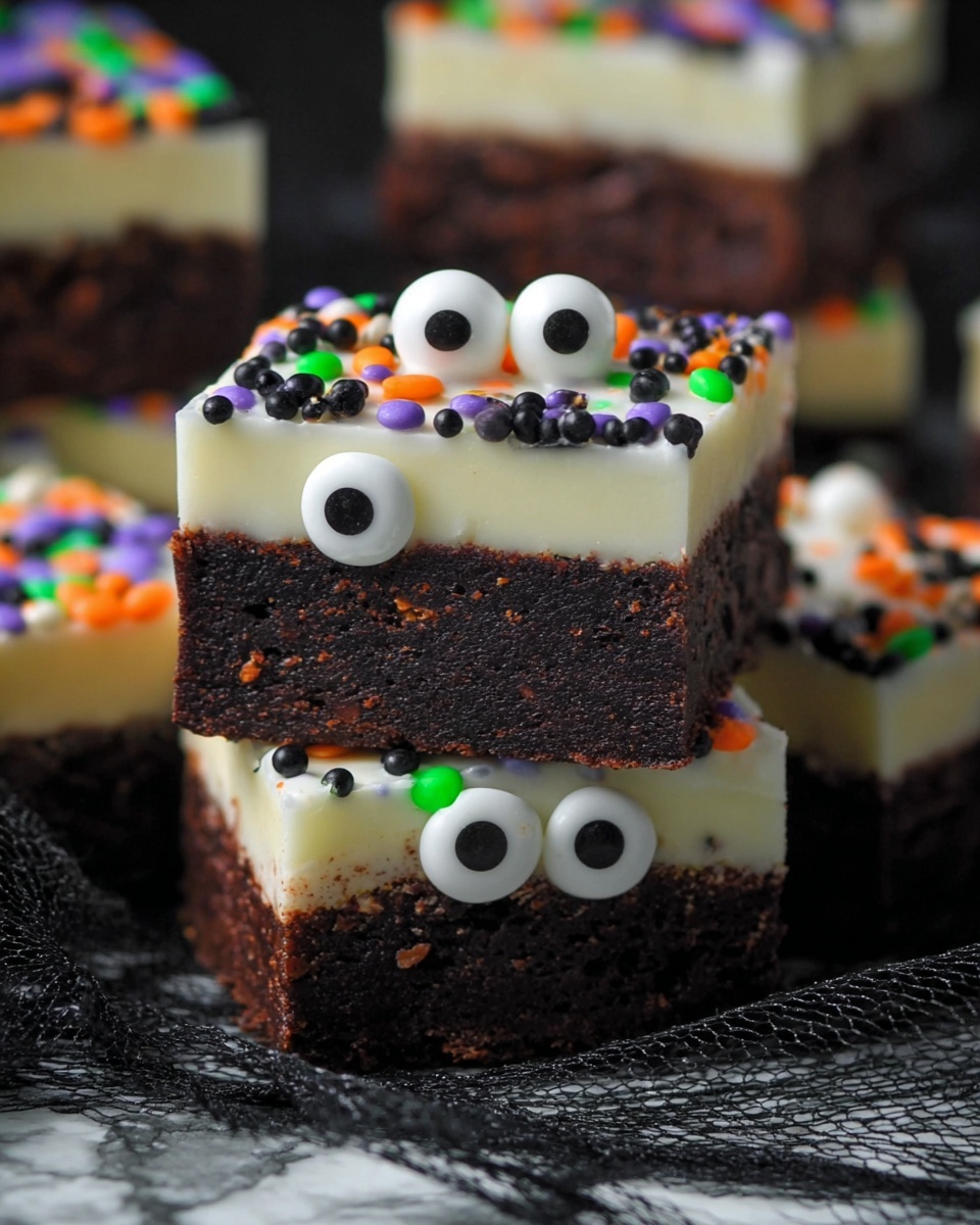 The image shows stacked square dessert pieces with two layers. The bottom layer is dark brown with a dense and rich texture. The top layer is thick and creamy white, decorated with small round sprinkles in black, purple, green, and orange colors scattered evenly. Some pieces have two large candy eyes placed on the creamy white layer, adding a playful look. The desserts are placed on a black mesh fabric-like surface with a white marbled texture visible around. photo taken with an iphone --ar 4:5 --v 7