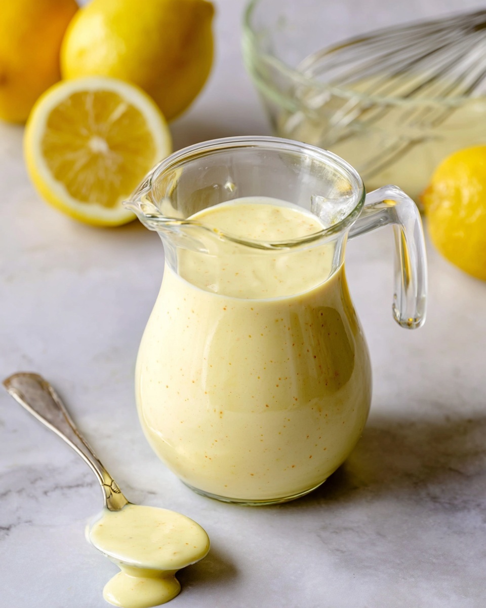 A clear glass pitcher filled with a thick, creamy light yellow sauce with tiny specks scattered throughout, resting on a white marbled surface. Around the pitcher, there is half a lemon and a lemon with the inside scooped out, both bright yellow. In the background, a clear glass bowl with a glass whisk sits slightly out of focus. In the lower corner, a silver spoon holds a dollop of the same sauce with a small drip beside it on the surface. Photo taken with an iphone --ar 4:5 --v 7