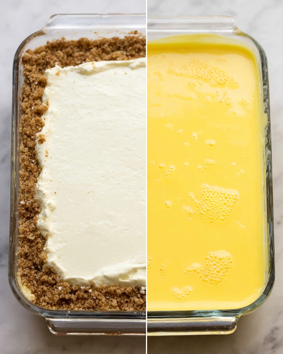 The image shows a close-up of a clear rectangular glass dish divided into two parts. On the left side, there is a two-layer dessert: the bottom layer is a crumbly light brown crust with small bits visible, and the top layer is a thick, creamy white filling spread smoothly over the crust. On the right side, the dish is filled with a single smooth layer of bright yellow custard-like mixture with small bubbles on the surface. The dish is placed on a white marbled surface. Photo taken with an iphone --ar 4:5 --v 7