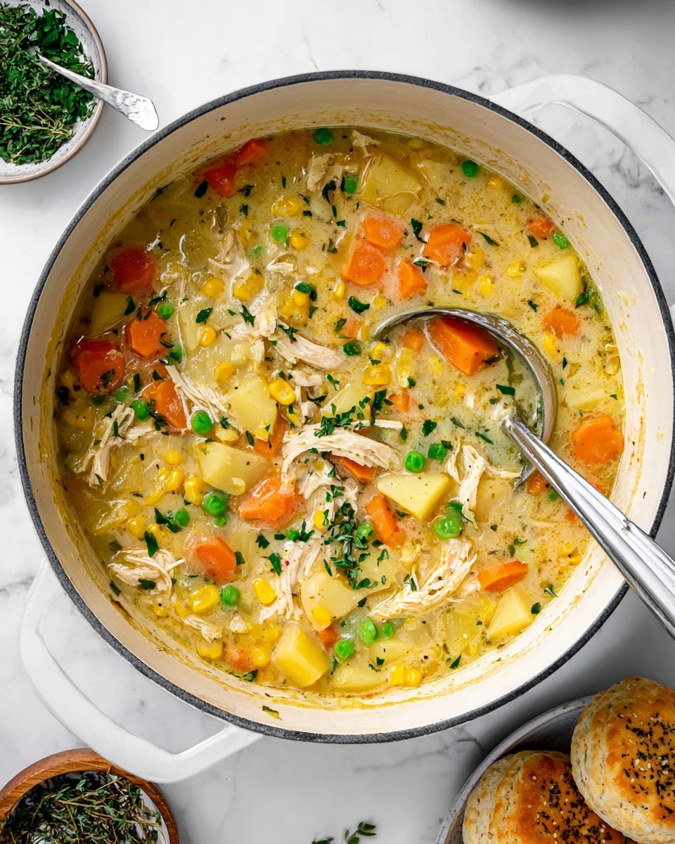 A white bowl filled with creamy chicken soup showing three main layers: orange carrot slices, yellow potato chunks, green peas and corn kernels mixed with shredded white chicken and light creamy broth with small green herb pieces sprinkled on top. A white spoon with black dots rests inside the bowl, partially covered by the soup. The bowl is placed on a rustic wooden surface next to two soft golden biscuits and a small white bowl holding black pepper. The background features another white bowl filled with the same soup. photo taken with an iphone --ar 4:5 --v 7
