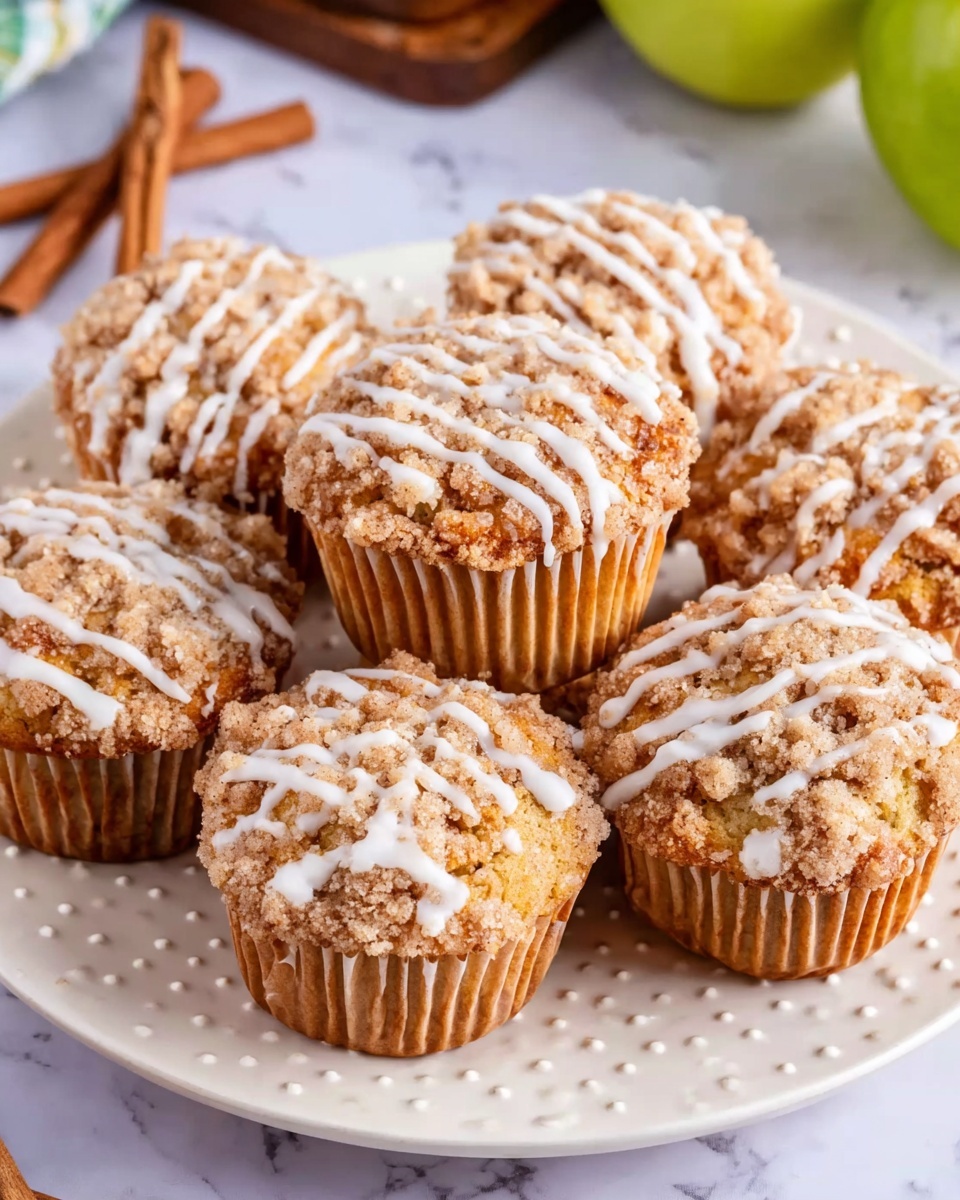 Seven muffins with a crumbly light brown topping and white icing drizzle sit on a white plate with small raised dot patterns. The muffins have light golden bases with paper liners around them. The background is a white marbled surface with hints of green apple and cinnamon sticks nearby. Photo taken with an iphone --ar 4:5 --v 7