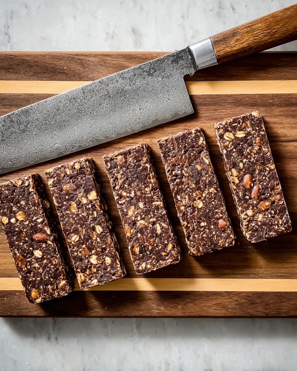 The image shows five rectangular oat and chocolate bars arranged in a row on a striped wooden cutting board. The bars are dark brown with visible oats and nuts inside, giving them a rough texture. To the top of the bars, there is a large knife with a mottled, hammered metal blade and a wooden handle resting on the board. The background surface is a white marbled texture. Photo taken with an iphone --ar 4:5 --v 7