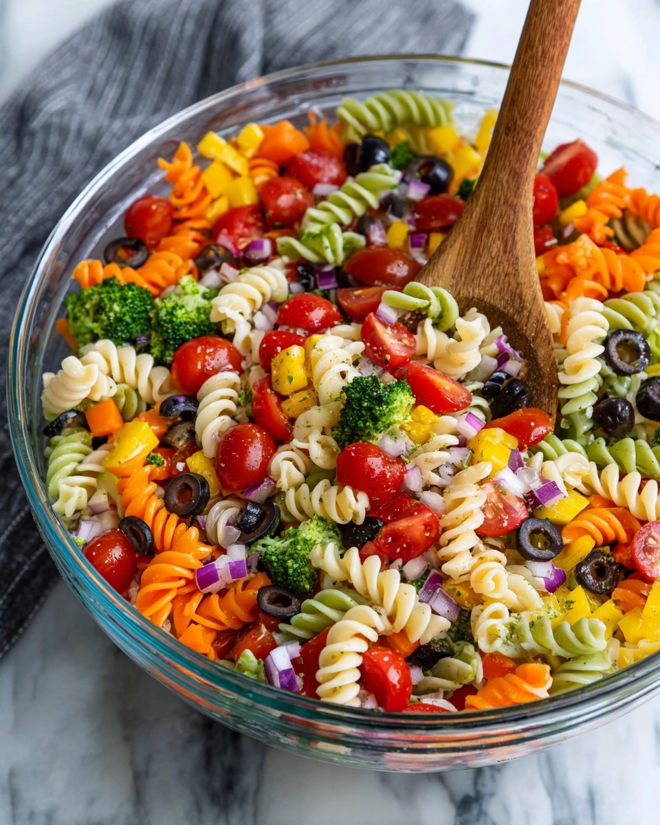 A white plate with two pieces of crispy fried chicken, one drumstick and one thigh, positioned on the right side of the plate. On the left side, a colorful pasta salad made with tri-color rotini pasta featuring swirls of orange, green, and cream, mixed with small broccoli florets, halved cherry tomatoes, sliced black olives, diced red onions, and chunks of yellow bell pepper. The plate sits on a blue cloth napkin, on a white marbled surface. To the right of the plate, there is a silver fork. In the background, another white plate with a similar serving of fried chicken and pasta salad is partly visible, as well as a white bowl filled with the same pasta salad. On the left edge, a glass jar filled with a light orange dressing or sauce is present. The lighting is soft and natural, highlighting textures and colors. Photo taken with an iphone --ar 4:5 --v 7