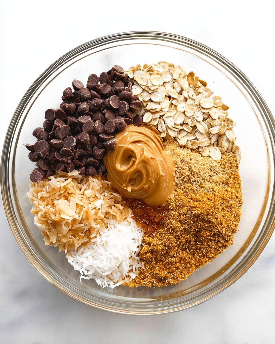 A clear glass bowl holds six separate piles of ingredients on a white marbled surface. Starting from the top left and moving clockwise, there is a mound of dark brown chocolate chips with a smooth glossy shape, next to a pile of light beige rolled oats with a slightly dry, flat texture. Beside the oats is a dollop of creamy, light brown peanut butter with smooth swirls. Below that is a heap of golden-brown flaxseed meal with a fine grainy texture. To its left is a pile of shredded, slightly toasted white coconut flakes with a soft fibrous look. In the center, there is a small amount of dark amber honey with a shiny, sticky surface. The bowl is sturdy and round with a clear rim. photo taken with an iphone --ar 4:5 --v 7