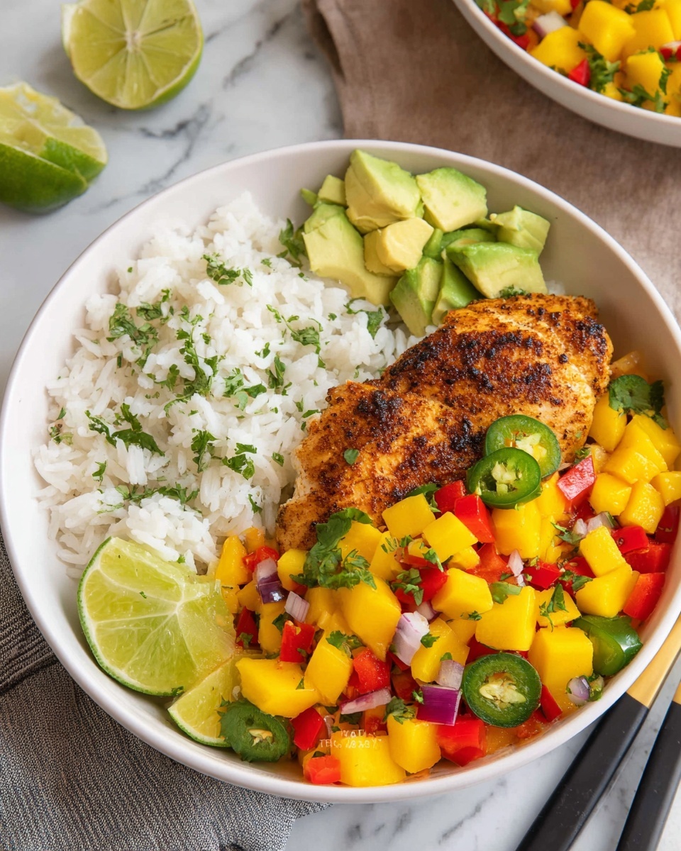 A white bowl with four main layers: at the bottom left, a bed of fluffy white rice with green cilantro leaves scattered on top; next to it, a grilled piece of seasoned chicken with a dark golden brown crust. On top of the chicken, there is a bright layer of chunky mango salsa made of yellow mango cubes, red and green bell pepper pieces, and small bits of purple onion, all mixed with green herbs. At the top right corner, there are green avocado chunks, and a slice of lime rests on the side of the rice. The bowl sits on a white marbled surface with a gold fork and a striped cloth nearby. Photo taken with an iphone --ar 4:5 --v 7