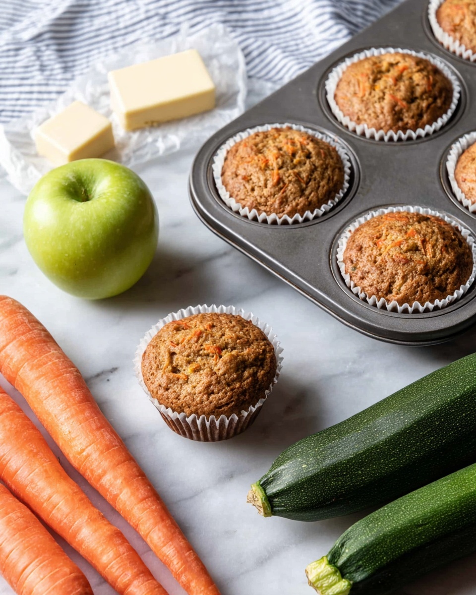 The image shows five golden-brown muffins in white paper cups, three inside a gray metal muffin tray on the right and two placed on a white marbled surface in front of it. The muffins have a slightly rough texture with visible bits of carrot or zucchini. Around the muffins, there are two fresh orange carrots at the bottom left, two small zucchini with dark green skin to the bottom right, a shiny green apple at the upper left, and a wrapped stick of butter near the bottom left. A white and blue striped cloth is also partially visible in the top left corner. Photo taken with an iphone --ar 4:5 --v 7