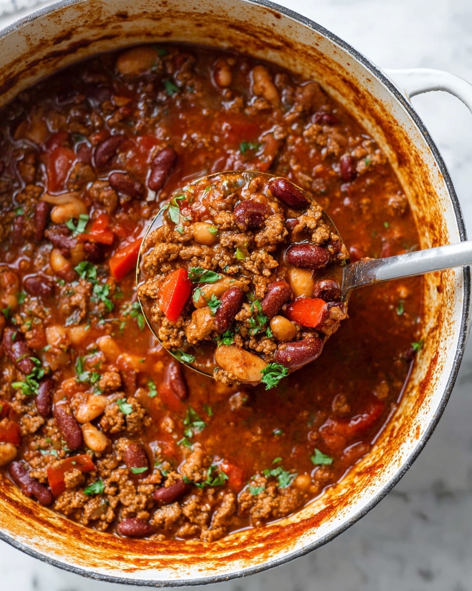 A close-up view of a bowl filled with chili showing a rich thick layer of ground meat mixed with dark kidney beans, small light brown beans, and chunks of green and red bell peppers in a reddish-brown sauce occupying most of the bowl. On the right edge, there are golden yellow crispy corn chips with a fine rough texture, sprinkled shredded cheese in white and orange, along with small fresh green cilantro leaves. In the center, a smooth dollop of white sour cream topped with a fresh green lime wedge is placed above the chili. The bowl is white, resting on a white marbled surface with a piece of blue-striped cloth partially visible in the top left corner. Photo taken with an iphone --ar 4:5 --v 7