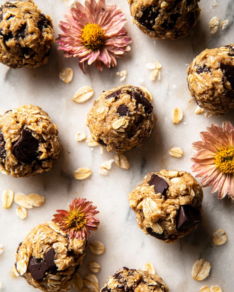 Round, soft cookie dough balls with visible oats and dark chocolate chunks are arranged on a white marbled surface. The cookies have a rough texture with oats scattered around each piece, and two faded pink and yellow flowers lie nearby, adding a natural touch to the scene. The light in the photo highlights the texture and color of the cookie dough, making it look fresh and appetizing. photo taken with an iphone --ar 4:5 --v 7