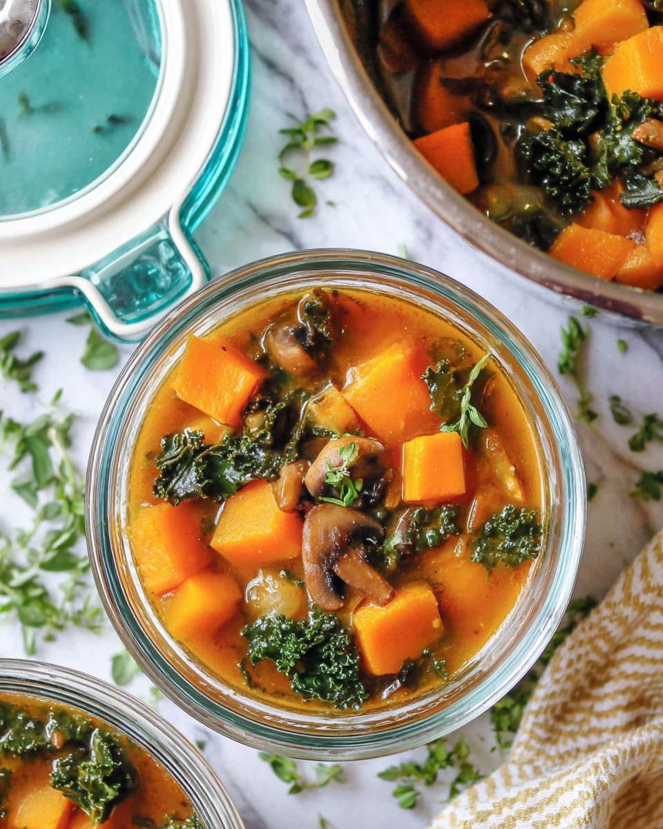 The image shows a close-up of a clear glass container filled with a warm stew made of orange chunks of squash, dark green kale leaves, and small pieces of mushrooms in a light brown broth. The container is sitting on a white marbled surface with scattered green herbs around it. A bigger glass container with the same stew is partly visible on the upper right corner, and a white lid with a blue-green latch is nearby on the left side. The colors are bright and natural, with a fresh, home-cooked feel to the dish. Photo taken with an iphone --ar 4:5 --v 7
