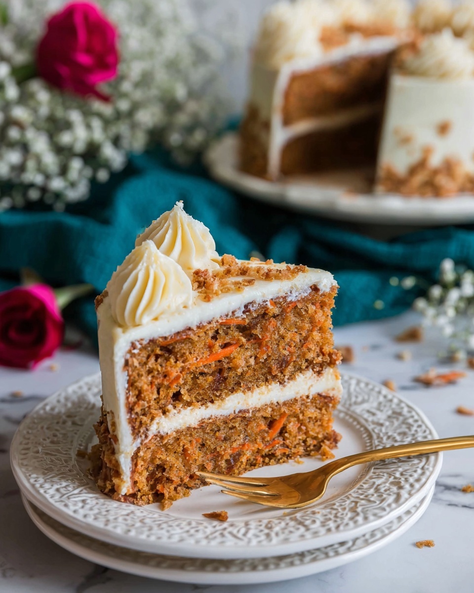 A two-layer carrot cake slice sits on a white decorative plate with a gold fork beside it. The layers are light brown with visible fine orange carrot pieces, separated by a thick white frosting layer. The top of the slice is fully covered with smooth white frosting and decorated with small swirls of frosting sprinkled with light brown bits. In the background, more of the same cake is visible on a white decorative plate, placed on a white marbled surface, with a dark teal cloth and some white baby's breath flowers and a single red rose blurred behind. Photo taken with an iphone --ar 4:5 --v 7