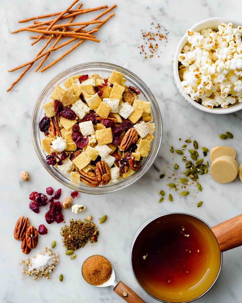 A large clear bowl filled with a mix of pale yellow square cereal pieces, light orange pretzel sticks, white popcorn pieces, deep red dried cranberries, and reddish brown pecan halves scattered throughout. To the upper right, a white bowl with a wooden handle holds fluffy white popcorn. The bottom right shows a white pan with a wooden handle containing layers of dark amber liquid, light brown sugar mound, two pale beige solid round pieces, and different shades of powdered spices arranged around the ingredients. Around the bowls and pan, individual pecan pieces, dried cranberries, pumpkin seeds, and popcorn pieces are spread on a white marbled surface. photo taken with an iphone --ar 4:5 --v 7