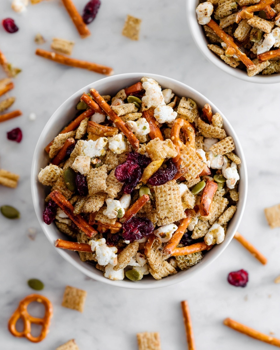 A large metal baking tray filled with a mix of trail snack ingredients spread in one layer, showing light tan cereal squares with a waffle texture, orange thin pretzel sticks, white popcorn pieces, green pumpkin seeds, dark red dried cranberries, and small chopped nuts scattered throughout. To the top right, a bowl filled with white popcorn sits on a white marbled surface, with a few pieces of popcorn, dried cranberries, and pecan halves scattered around the tray on the surface. Photo taken with an iphone --ar 4:5 --v 7