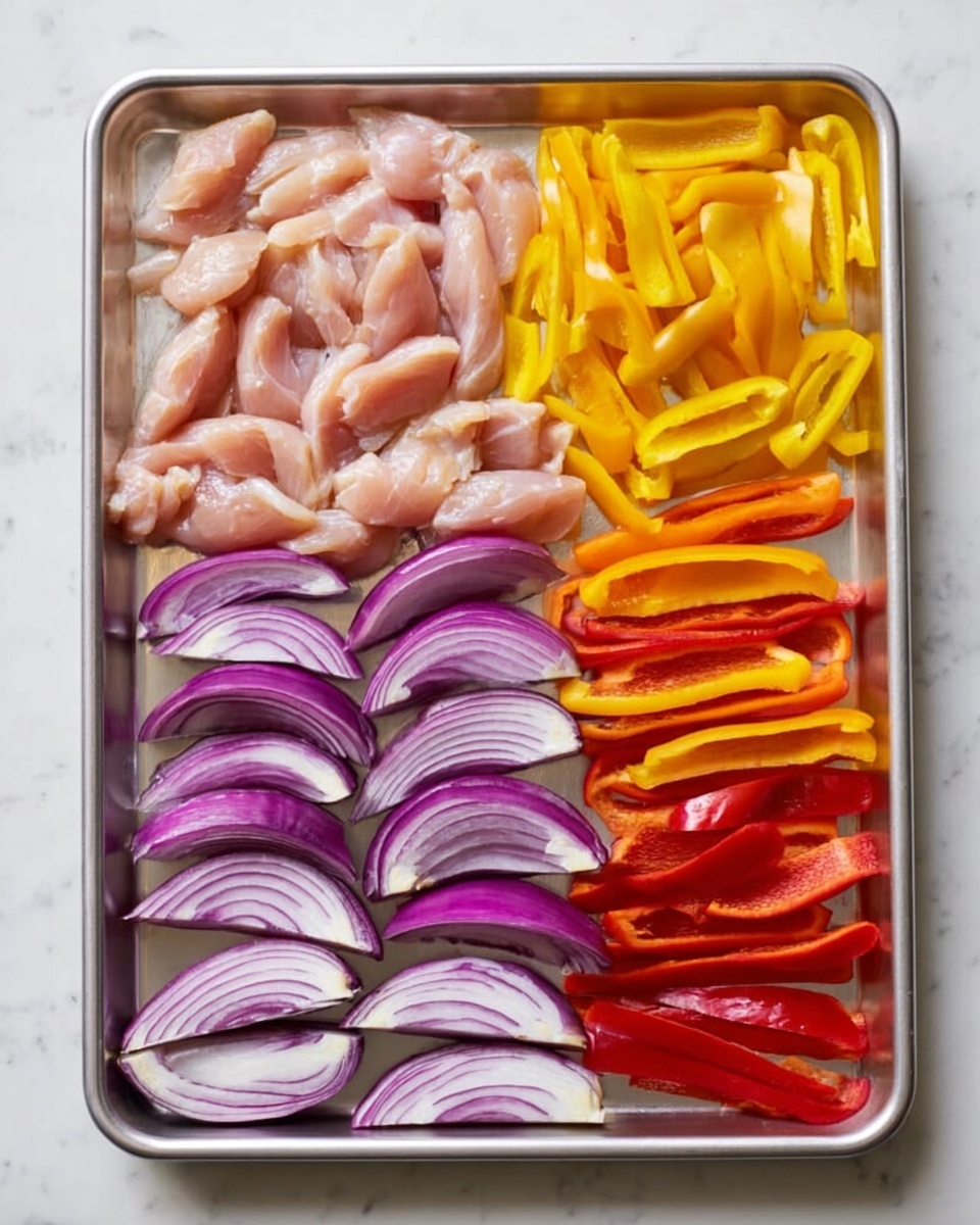 A metal baking tray filled with three rows of ingredients on a white marbled surface: the left side has raw light pink chicken strips spread out evenly; the top right corner holds bright yellow pepper strips; below the yellow peppers are vibrant red pepper pieces; next to the red peppers, toward the middle right, are orange pepper strips; in the center, between the peppers, are thick slices of purple and white onion arranged neatly in a row. photo taken with an iphone --ar 4:5 --v 7