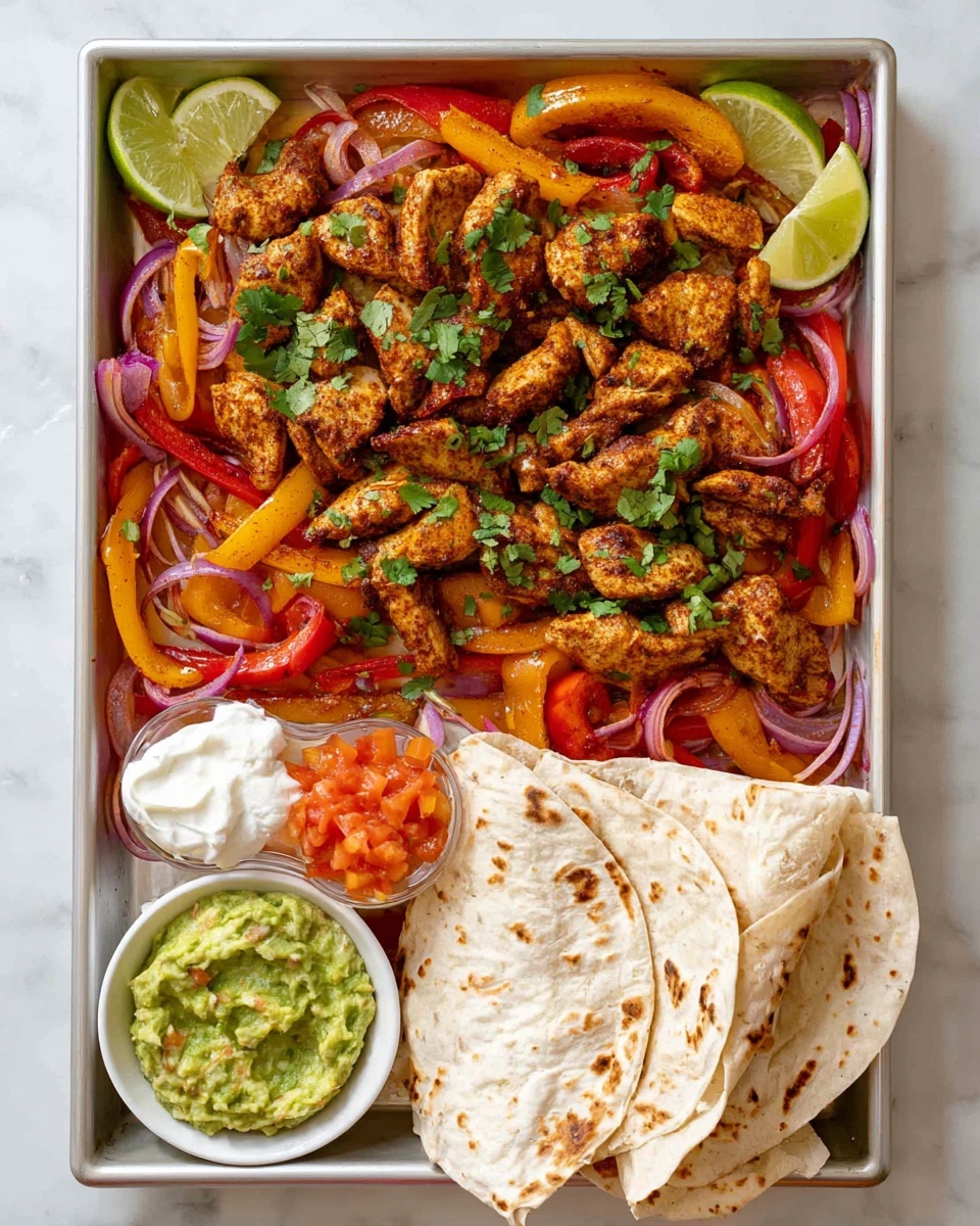 A white tray filled with three main layers: bright orange and red bell pepper slices mixed with thin strips of purple onion scattered evenly on the bottom, topped by golden-brown seasoned chicken pieces spread across the center, with a sprinkle of fresh green cilantro leaves scattered on top. On the right side of the tray, there are folded white flatbreads slightly toasted with brown spots, and on the left bottom corner, a small white round bowl holds three separate mounds of green guacamole, white sour cream, and orange-red diced tomatoes. In the top left and bottom right corners of the tray, there are lime wedges with a light green color. The tray sits on a white marbled surface. Photo taken with an iphone --ar 4:5 --v 7