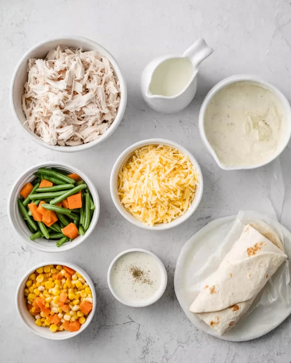 The image shows a white marbled surface with several ingredients placed neatly. There are five small white bowls: one filled with shredded chicken, one with shredded cheese, one with mixed chopped vegetables including green beans, carrots, and corn, one with a creamy white sauce, and one with a small amount of seasoning. A small white pitcher of milk or cream is set near the bowls. To the right, there is a white plate holding a wrapped tortilla with visible fold marks. The scene is clean and bright with natural light. photo taken with an iphone --ar 4:5 --v 7