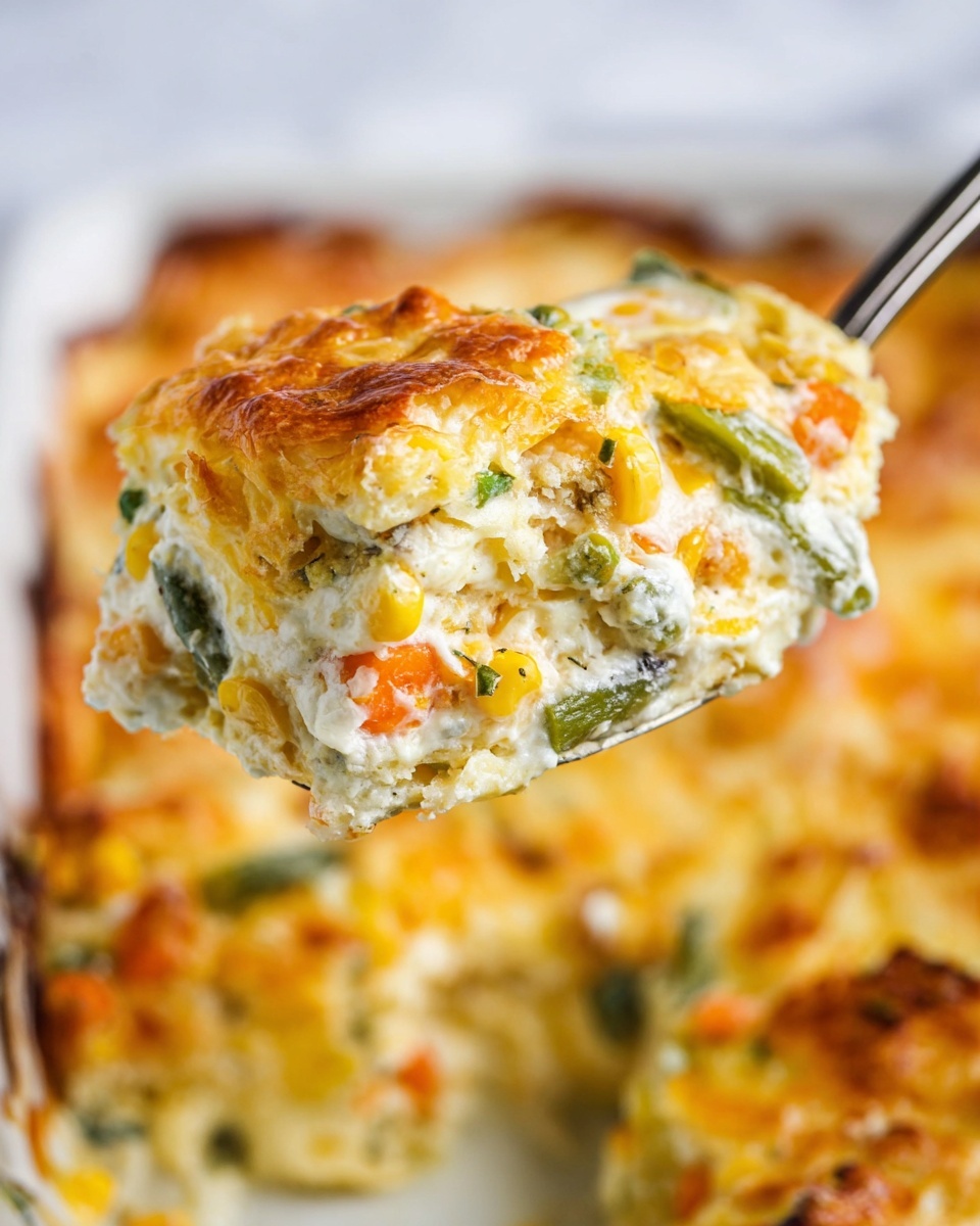 A close-up of a spoon holding one thick scoop of a creamy baked dish with melted golden cheese on top. The layers show a mix of white creamy base with visible chunks of yellow corn, green beans, and small orange carrots, all baked together with a slightly browned cheese layer on top. The background shows more of the same dish in a white pan, placed on a white marbled surface. The texture of the dish looks soft and cheesy with colorful vegetable bits throughout, and the spoon is held by a woman's hand. photo taken with an iphone --ar 4:5 --v 7