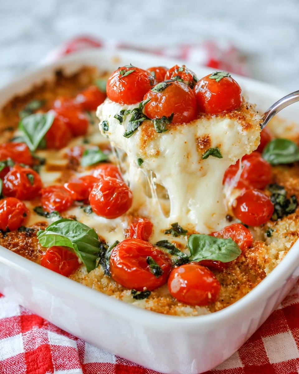 A white ceramic dish filled with a baked layered casserole. The bottom layer shows a textured, crumbly mixture with a light brown color. The middle layer is melted, soft white cheese stretching as a piece is lifted out by a fork. Cherry tomato halves with their smooth, shiny red skin sit on top, along with green fresh basil leaves scattered across the surface. The dish rests on a red and white checkered cloth, all set on a white marbled surface. Photo taken with an iphone --ar 4:5 --v 7