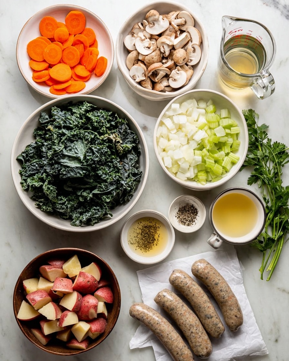 The image shows multiple white bowls and a brown bowl arranged on a white marbled surface, each filled with different fresh ingredients. There are bright orange carrot slices in one bowl, pale chopped onions in another, light green celery pieces in a third, and cream-colored mushroom slices filling a fourth bowl. A large white plate is full of dark green leafy kale, while a brown bowl at the bottom contains red potatoes cut into chunks. At the bottom right, four uncooked sausages with herbs are lying on white parchment paper. Smaller white dishes hold a golden-yellow liquid, minced garlic, and a mix of salt and pepper. A clear glass measuring cup contains light yellow broth, and some fresh parsley sprigs are placed to the right. Photo taken with an iphone --ar 4:5 --v 7
