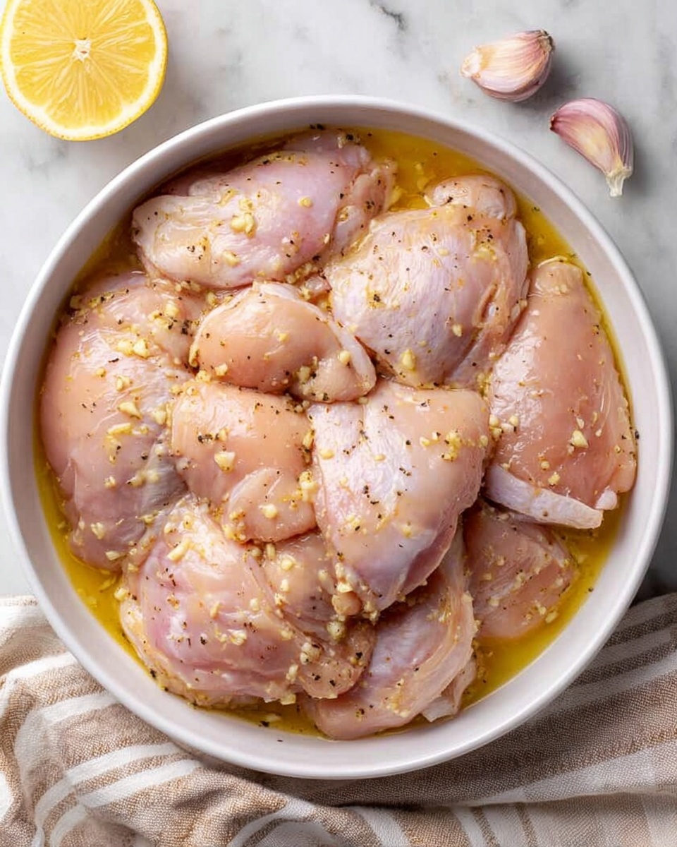 A white bowl filled with several raw chicken thighs soaked in a light yellow marinade with small pieces of garlic and black pepper visible on the chicken skin. The chicken pieces overlap in the bowl, covering the whole surface, showing different shades of light pink and pale yellow from the marinade. Around the bowl, there are three garlic cloves and a lemon half placed on a white marbled surface with a beige and white striped cloth nearby. Photo taken with an iphone --ar 4:5 --v 7