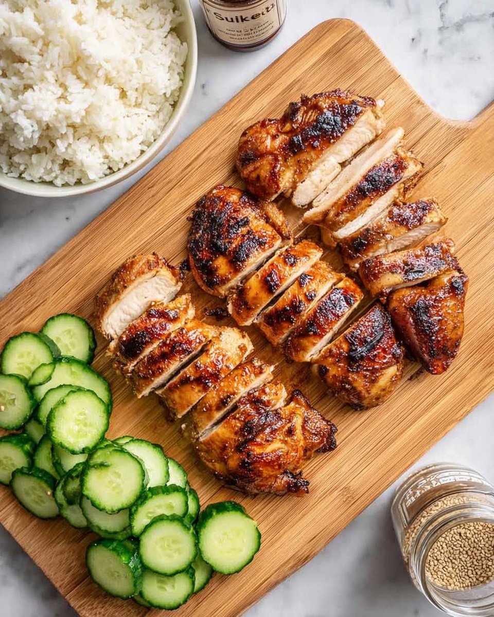 The image shows a wooden cutting board with grilled chicken pieces arranged in two rows in the center, each piece sliced to reveal a juicy inside with a golden-brown, slightly charred outside. On the left side of the board, there are fresh green cucumber slices stacked neatly in two groups, with some whole cucumbers nearby. In the top left corner, there is a white bowl filled with fluffy white rice. In the bottom right corner, there is a small clear jar labeled