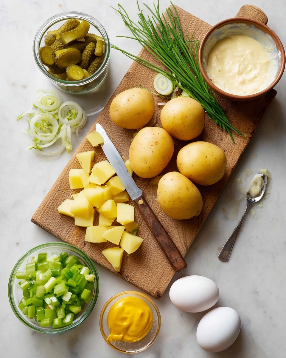 The image shows a wooden cutting board on a white marbled surface. On the board, there are six whole yellow potatoes, some diced yellow potato pieces in the center, and a knife with a wooden handle resting among the diced potatoes. To the top left, there is a small transparent container filled with green pickles in liquid, and beside it, a round brown bowl with a creamy white sauce. Fresh green herbs and chives lie at the top edge of the board. At the bottom right, there is a small glass container with bright yellow mustard and a spoon inside it, next to two white eggs. Below the board, a small clear bowl contains diced green celery. Photo taken with an iphone --ar 4:5 --v 7