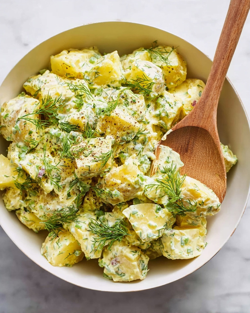 This image shows a white bowl filled with a creamy potato salad. The salad has several small to medium potato pieces coated with a light yellow, creamy dressing mixed with chopped green herbs and celery. Sprigs of fresh dill are scattered on top along with a sprinkle of black pepper. A wooden spoon is partially dipped into the salad, lifting some pieces. The bowl is set on a white marbled surface. photo taken with an iphone --ar 4:5 --v 7