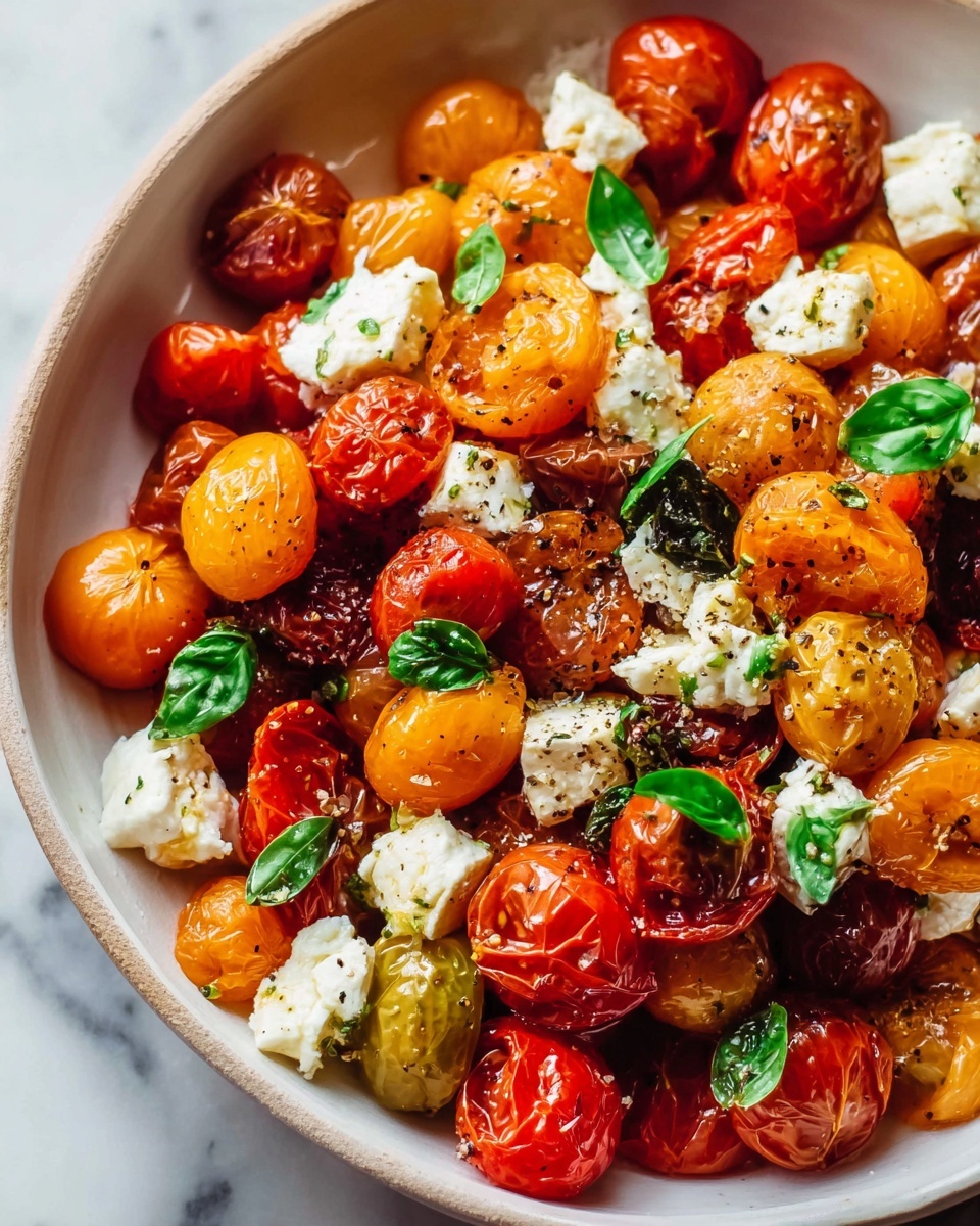 A white bowl filled with a mix of roasted cherry tomatoes in red, yellow, and orange colors as the first layer, topped with dollops of soft white cheese scattered around for texture. Fresh green basil leaves are placed evenly over the tomatoes and cheese, adding contrast. The bowl sits on a wooden surface with a glass of iced tea and a small white plate holding another dollop of cheese in the background. A wooden spatula and a white cloth with red stripes are placed beside the bowl. Photo taken with an iphone --ar 4:5 --v 7