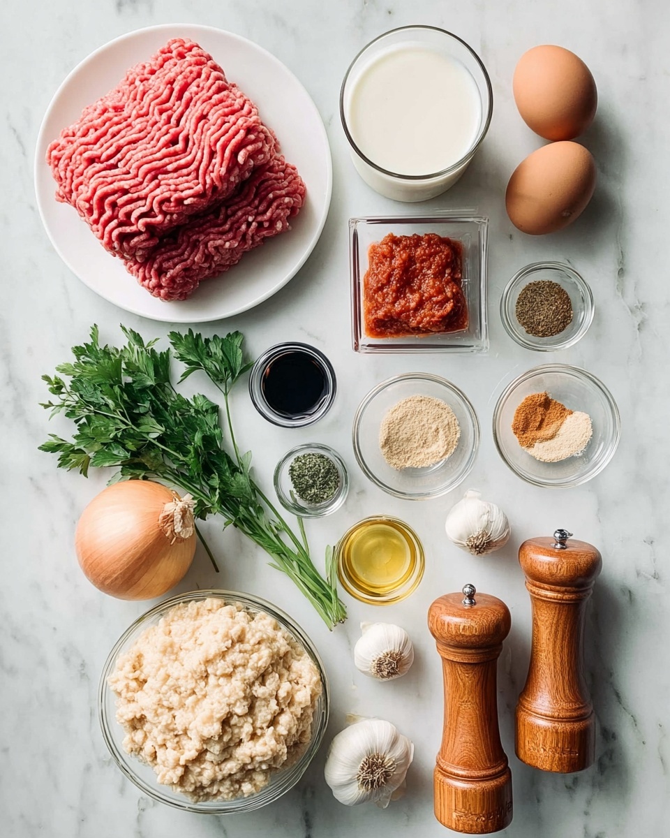 The image shows many cooking ingredients arranged neatly on a white marbled surface. At the top left is a white plate with two thick layers of raw ground meat in light pink and red colors. Nearby are two eggs, one brown and one light beige, placed next to a short glass of milk filled nearly to the top. To the right is a small clear square bowl with a bright red paste and below it a small dark cup with a black liquid. Below, an onion with light brown skin sits on the left side, next to a bulb of garlic with white papery skin and a few loose cloves. Fresh green parsley sprigs are placed around the surface. There are several small glass bowls containing dry beige powder, dark green herbs, light brown powder, golden liquid, and reddish flakes. Two wooden salt and pepper grinders with a natural wood pattern stand side by side toward the middle right. At the bottom left is a larger clear glass bowl filled with a chunky off-white mixture. The overall layout is clean and organized with the ingredients spread evenly. Photo taken with an iphone --ar 4:5 --v 7