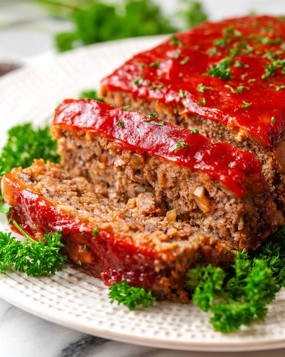 A close-up of a sliced meatloaf on a white plate with a textured edge, showing three visible layers: the top layer is bright red tomato sauce with a slightly shiny texture and small bits of green parsley sprinkled on it; the middle layer is a dense, crumbly, brown cooked meat mixture with small visible pieces of onion and seasoning; the bottom layer is a thin base of the same meat mixture, slightly darker in color. The plate is garnished with fresh green parsley on the edges, all placed on a white marbled surface. Photo taken with an iphone --ar 4:5 --v 7