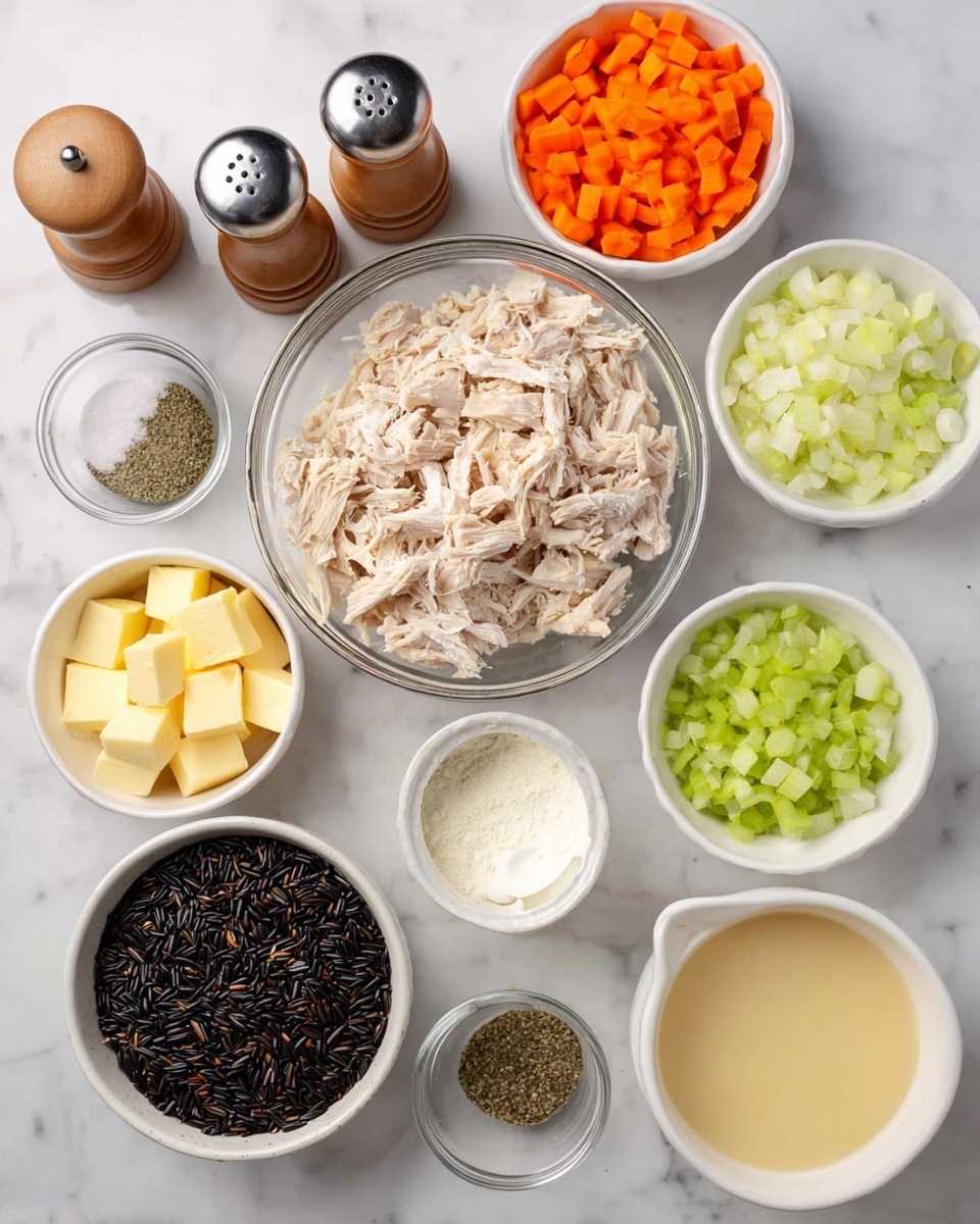 The image shows an overhead view of different ingredients arranged neatly on a white marbled surface. In the center, there is a clear glass bowl filled with shredded light beige chicken. Surrounding it are smaller white bowls containing bright orange chopped carrots on the top right, finely chopped white onions, and light green celery pieces. Below these bowls, there is a white cup with white flour, a small clear bowl with minced pale yellow garlic, and a larger clear container with a creamy white liquid. To the bottom left, a glass jar holds pale yellow butter cubes, and next to it is a bowl filled with dark black wild rice. Two small stainless steel containers hold dried herbs and spices. Near the top left corner, wooden salt and pepper grinders are placed. The arrangement is clean and organized with a balance of colors and textures. Photo taken with an iphone --ar 4:5 --v 7