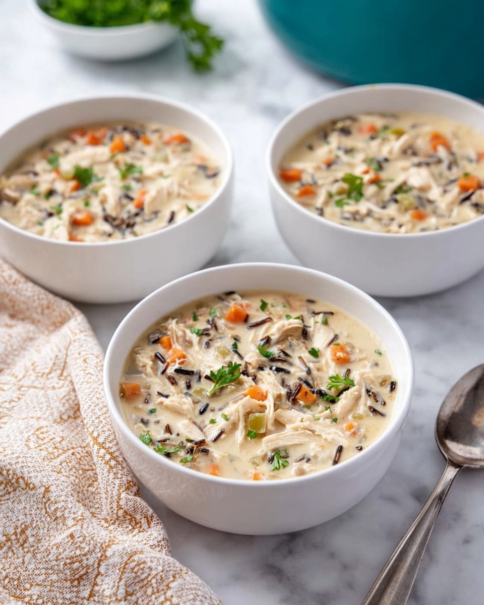 Three white bowls filled with creamy soup are placed on a white marbled surface. Each bowl contains a thick, pale cream-colored broth with visible pieces of shredded light tan chicken, small diced orange carrots, bits of green celery, and dark wild rice grains mixed through. Fresh green parsley leaves float on top in each bowl, adding color contrast. The soup has a smooth texture with chunky ingredients evenly spread. A silver spoon lies beside the nearest bowl, and a soft beige patterned cloth is draped on the left side. The background is softly blurred with a hint of a teal pot. Photo taken with an iphone --ar 4:5 --v 7