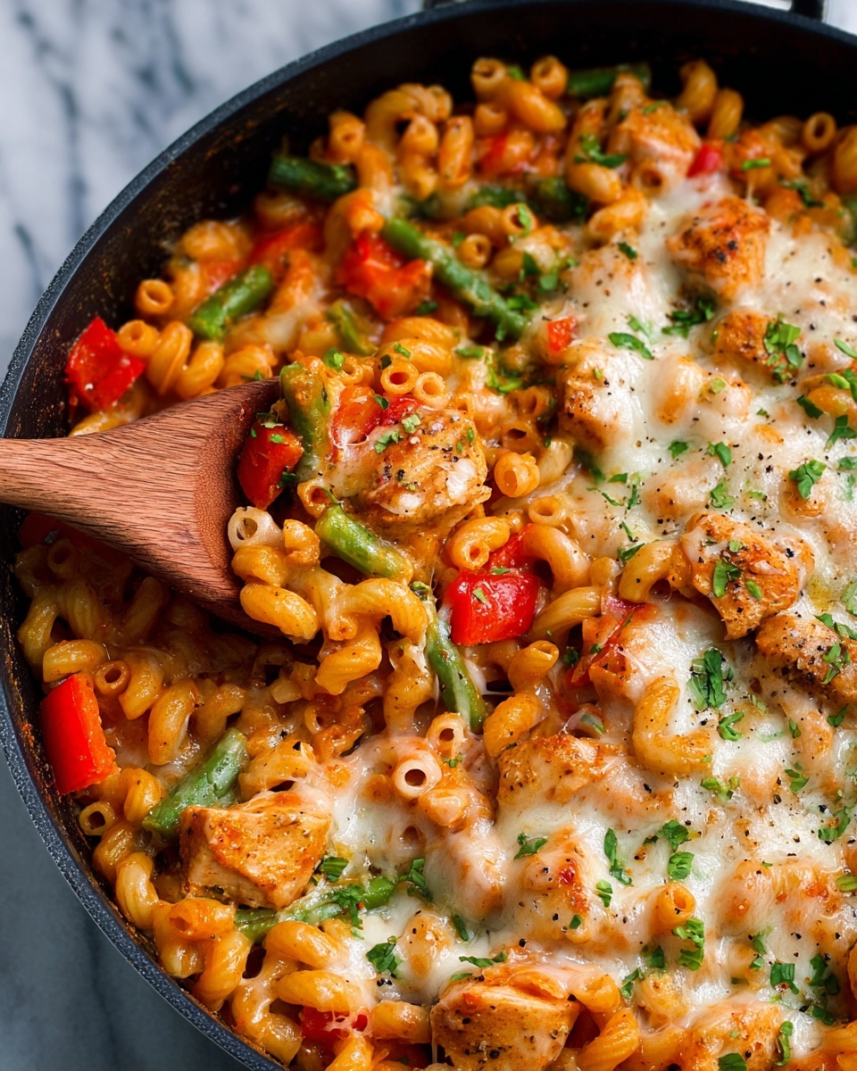 A large black pan filled with a pasta dish showing three main layers: bottom layer has spiral macaroni pasta with orange tomato sauce; the middle layer consists of chunky orange chicken pieces mixed with green beans and red bell peppers; the top layer is melted white cheese sprinkled with green parsley and black pepper, spreading evenly over the pasta and toppings. The pan is on a white marbled surface. Photo taken with an iphone --ar 4:5 --v 7