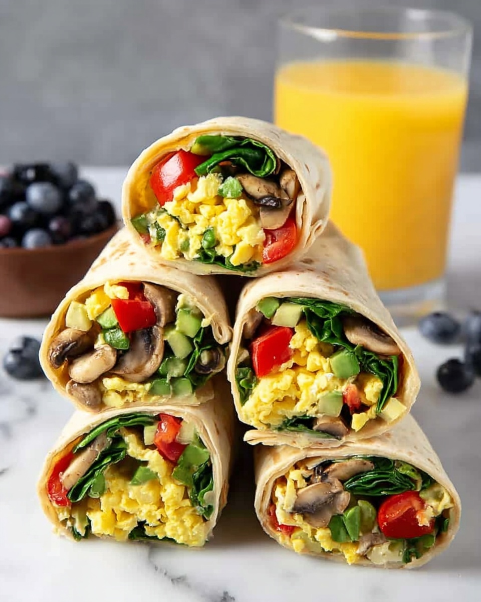 The image shows four tortilla wraps stacked in a pyramid shape on a white marbled surface. Each wrap is filled with layers of yellow scrambled eggs placed in the center, surrounded by green bell peppers, sliced mushrooms, diced red tomatoes, and dark green spinach, all wrapped inside light beige tortillas. In the background, there is a glass filled with orange juice and a small bowl of blueberries on the white marbled surface. The photo taken with an iphone --ar 4:5 --v 7