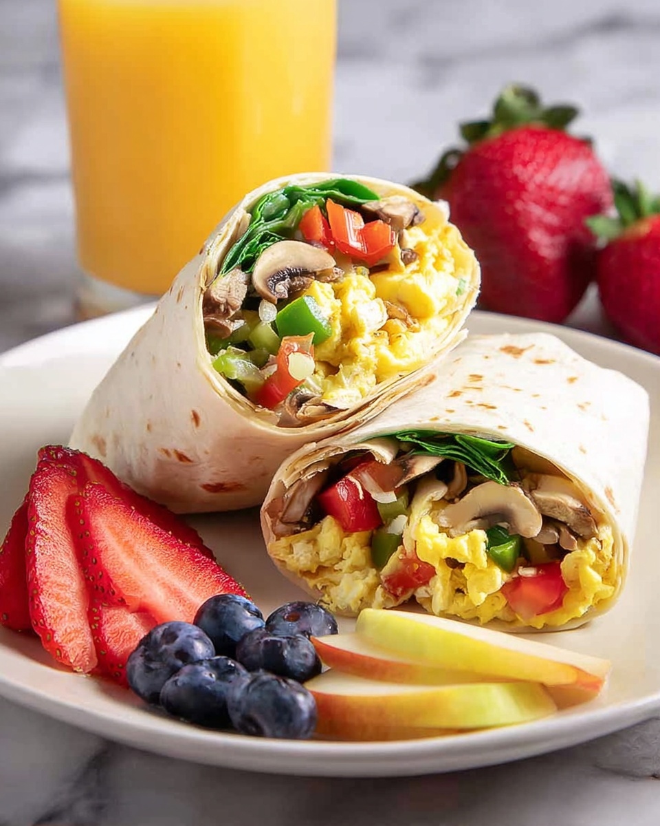 The image shows three wrapped breakfast burritos standing upright in a white bowl. Each burrito has a soft beige tortilla layer on the outside. Inside, there are multiple visible layers: bright yellow scrambled eggs with a soft texture; green bell peppers; red diced tomatoes; dark green leafy vegetables; and light brown mushrooms with a smooth texture. The burritos are set against a dark background with a glass of orange juice and a bowl of strawberries nearby. The photo taken with an iphone --ar 4:5 --v 7