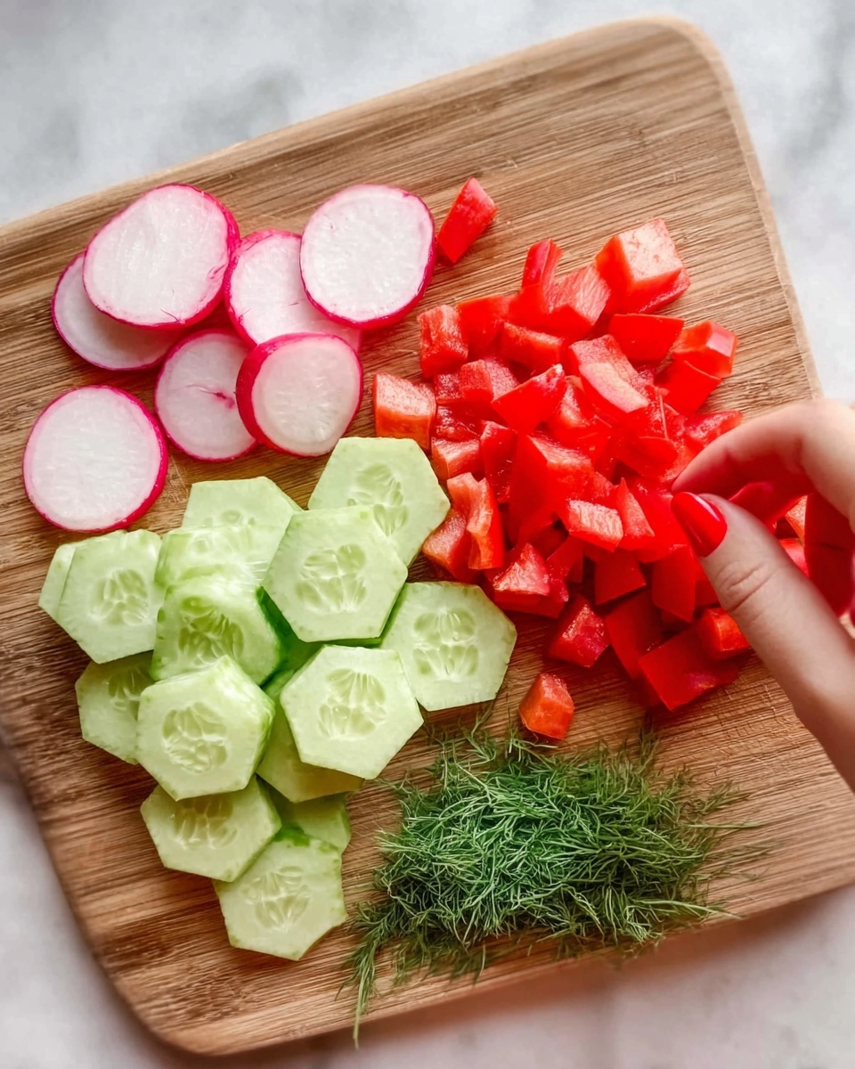 The image shows a close-up of a wooden cutting board on a white marbled surface, with three types of sliced vegetables arranged in sections. There are round slices of radish with red edges and white centers on the bottom left, hexagonal cucumber slices with a light green color and a smooth texture in the middle, and diced red bell pepper pieces in small cubes on the top right. At the bottom of the board, there is a small pile of fresh green dill with fine leaves. A woman's hand with bright red nail polish is positioned at the top middle, picking up some of the diced red bell peppers. Photo taken with an iphone --ar 4:5 --v 7