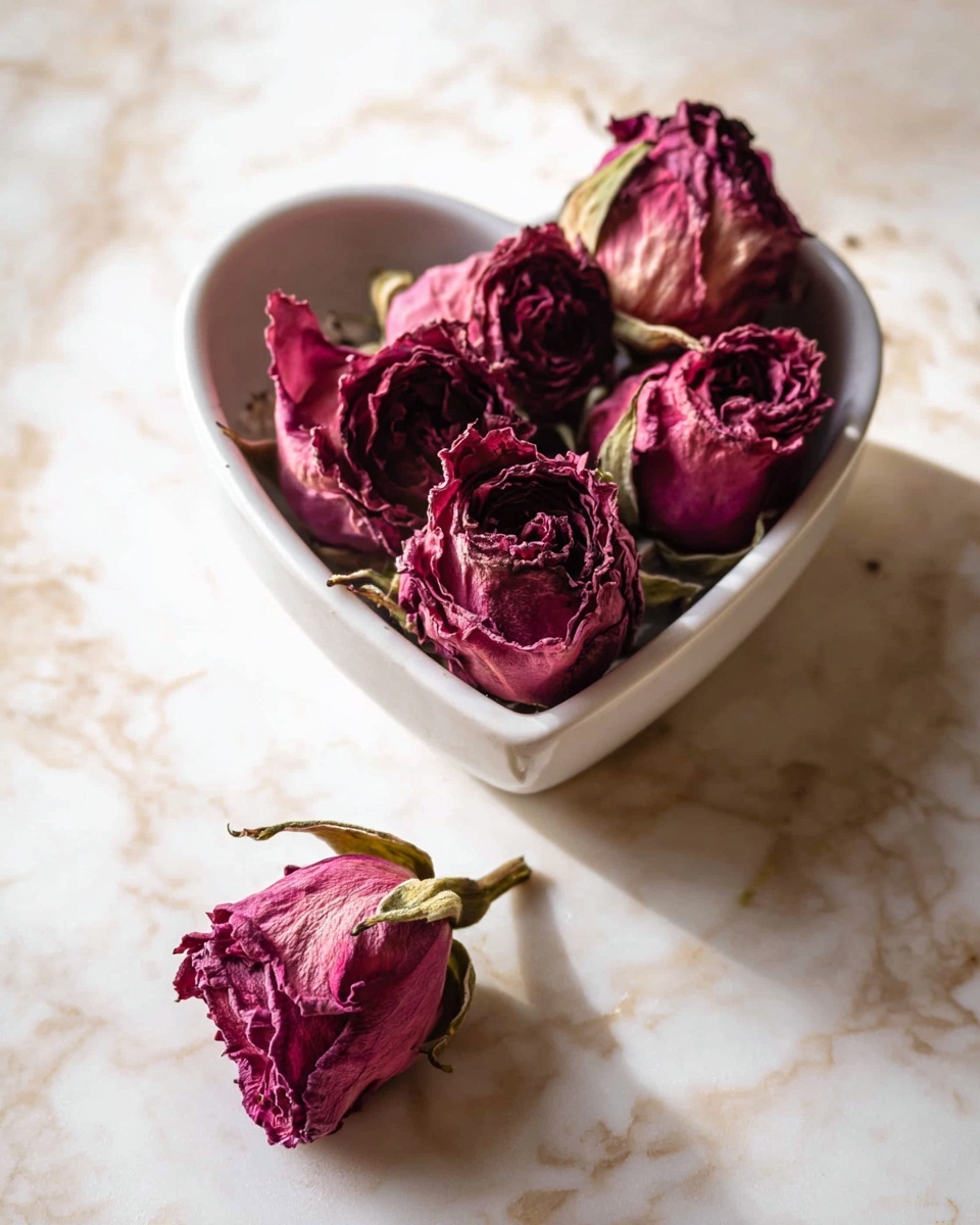 A white heart-shaped bowl filled with five dried dark pink roses sits on a white marbled surface. The roses have curled, textured petals and some green stems visible inside the bowl. One dried rose with dark pink petals and a green stem lies outside the bowl on the marbled surface below. The lighting is soft, creating gentle shadows around the roses and the bowl. Photo taken with an iphone --ar 4:5 --v 7