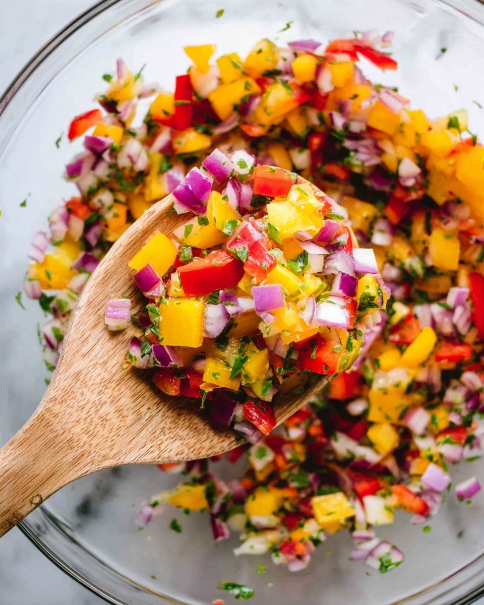 A wooden spoon holds a mix of vibrant chopped vegetables including bright yellow bell peppers, red bell peppers, purple onions, and small green herbs, all diced into small, even cubes. The mixture is in a clear glass bowl on a white marbled surface, with the colorful vegetables scattered slightly around the bowl edge. The colors are fresh and bright, showing the varied textures of the crunchy vegetables and herbs. The scene is well lit, creating a fresh and healthy look. photo taken with an iphone --ar 4:5 --v 7